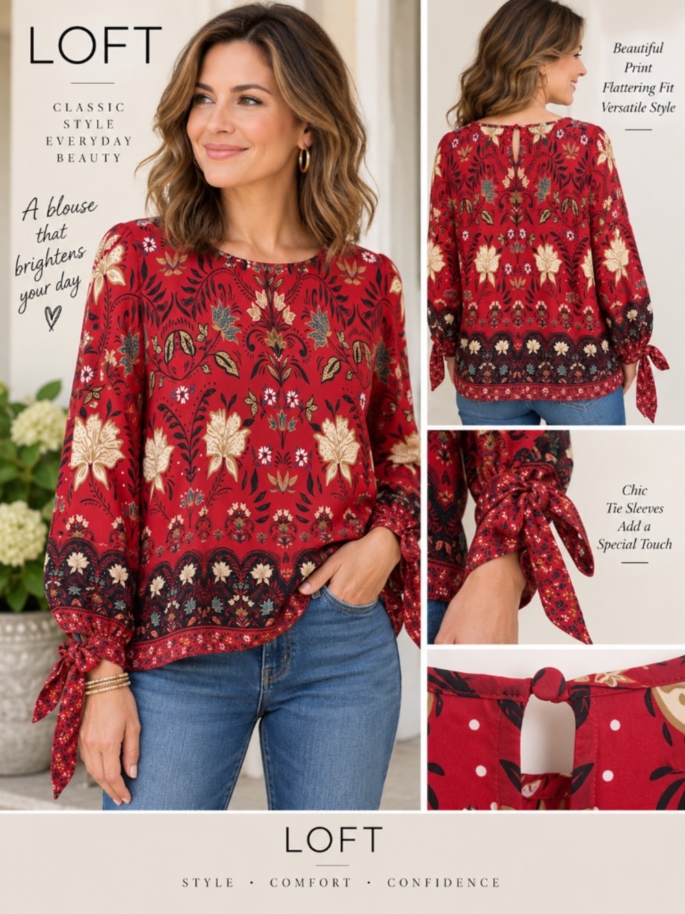 LOFT Size L Red Floral Border Print Blouse Tie Sleeve Boho Top